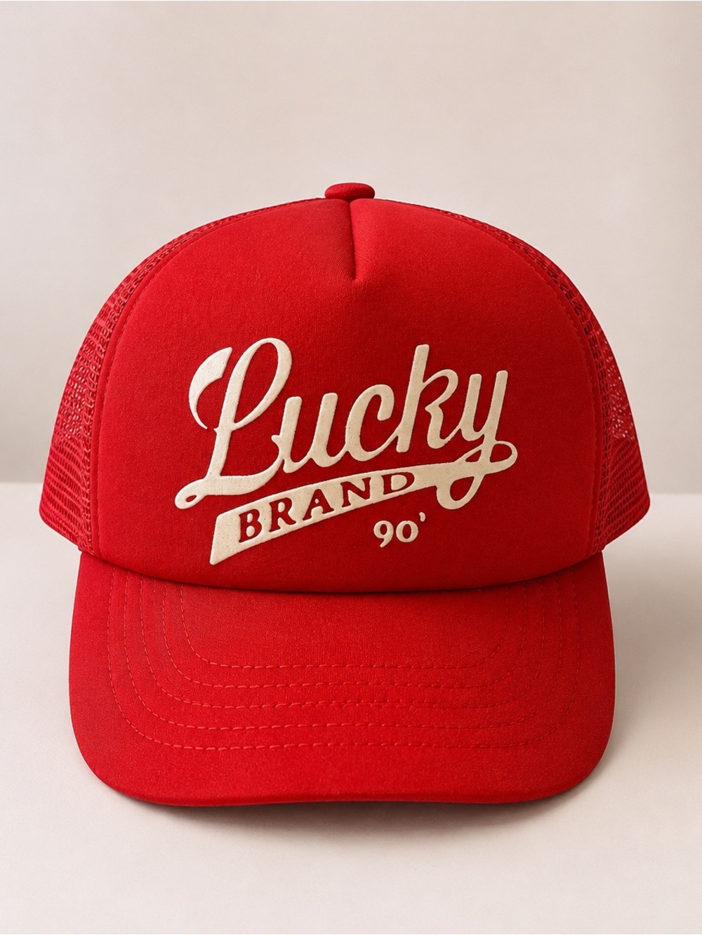Lucky Brand Red Mesh Trucker Hat with Cream Logo